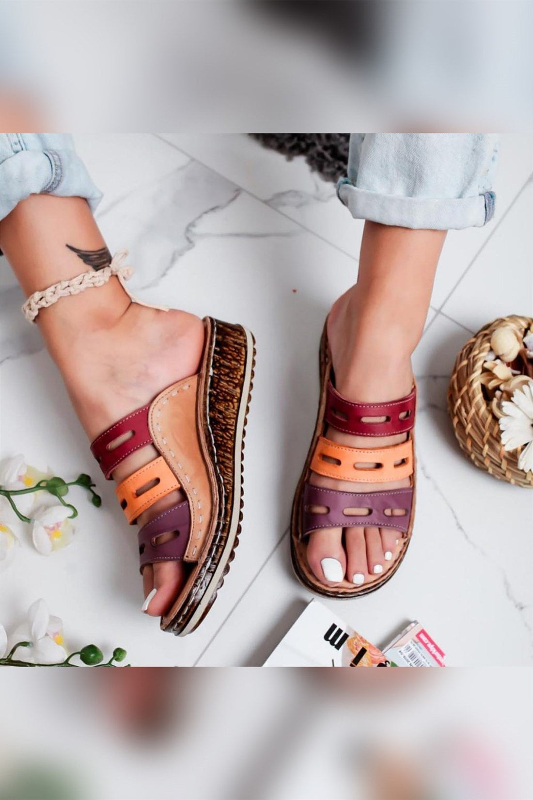 Joelle – Nude, Burgunder, Violett, Orange [Echtleder] Slide mit Laser-Cut (Damen)