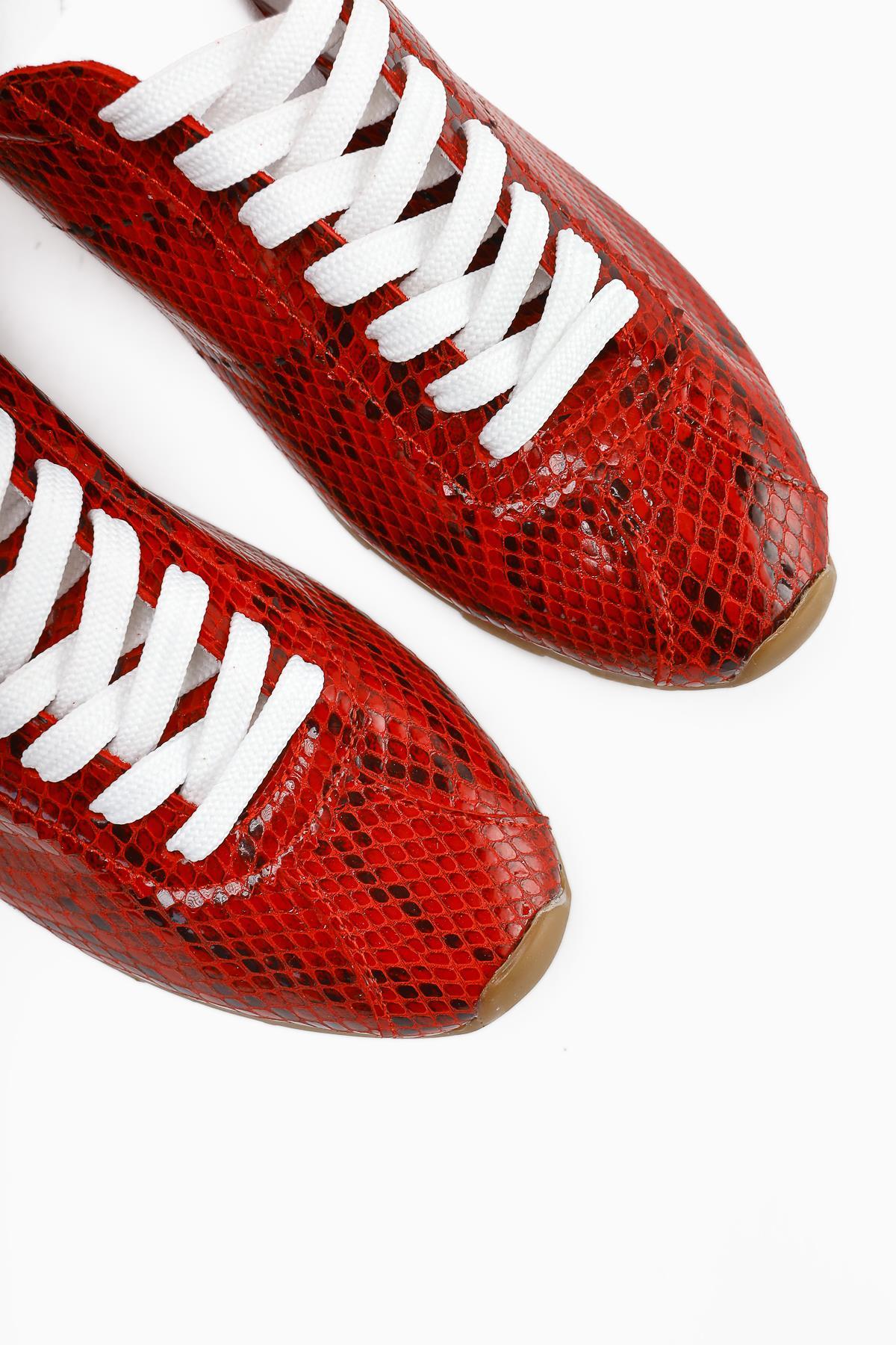Genuine Leather Alisa Red Crocodile Leather Printed Lace-Up Casual Women's Shoes