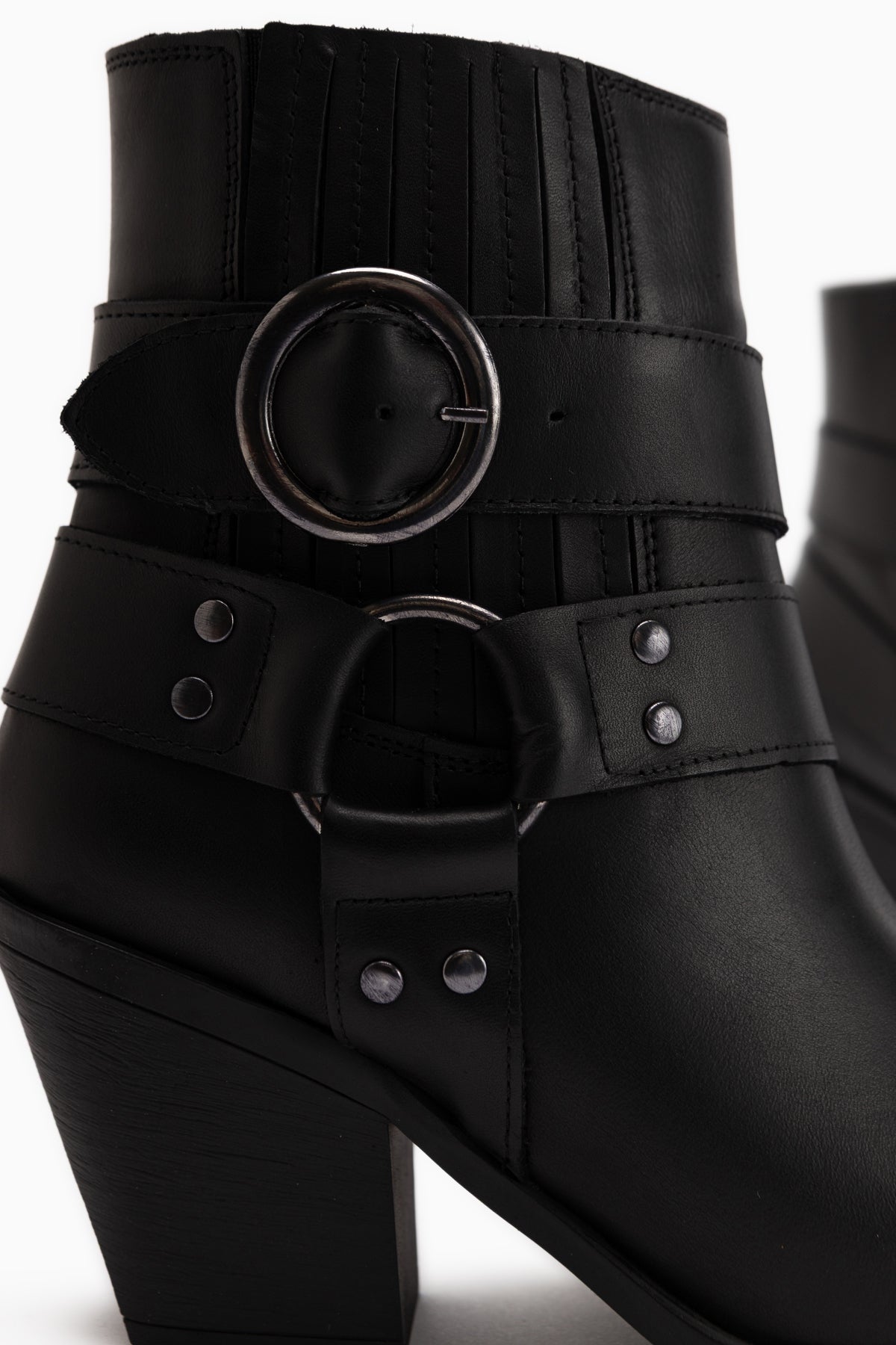 Yuri Echtes Leder Schwarz Doppel Schnalle Dick Absatz Damen Cowboy Stiefel