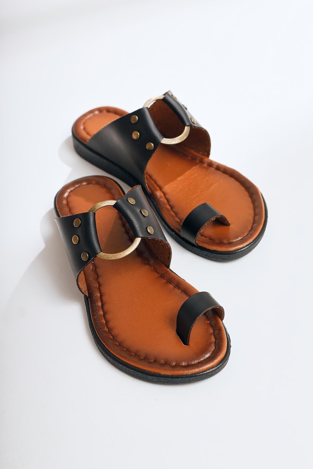 Bitania Echtes Leder Schwarze Flip Flop Hausschuhe