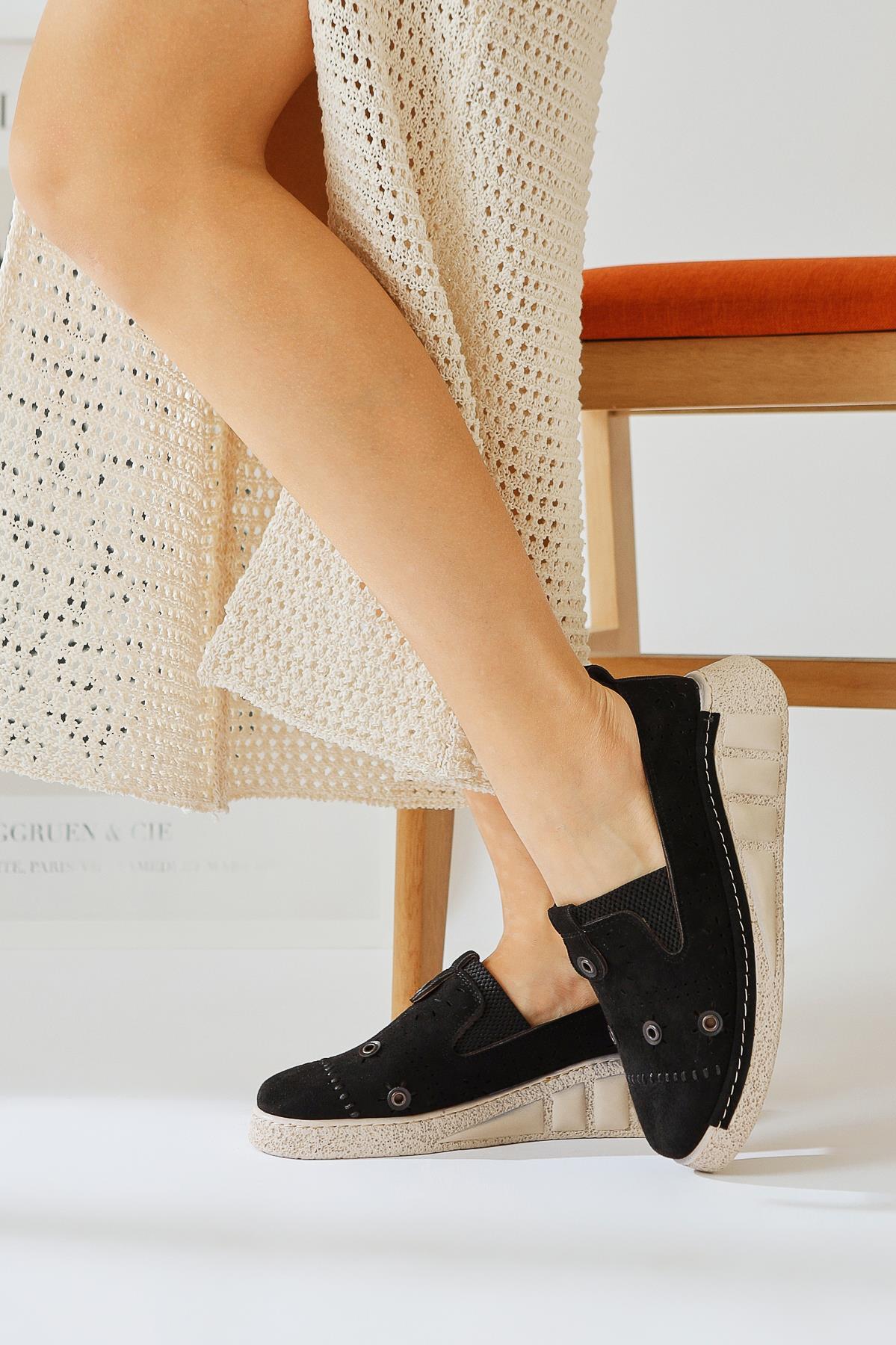 Bethina Black Suede Rivet Detailed Laser Perforated Ballerinas