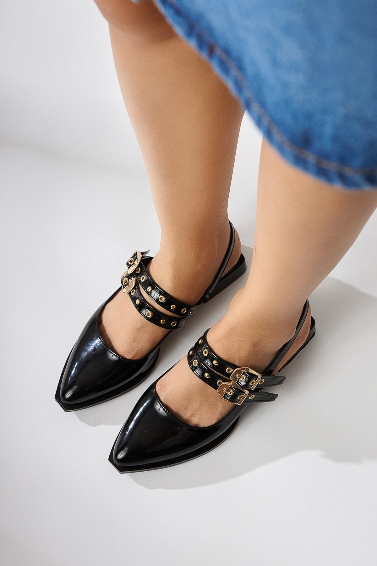 Siran Damen Schwarze Lackleder Doppelriemen Sandale