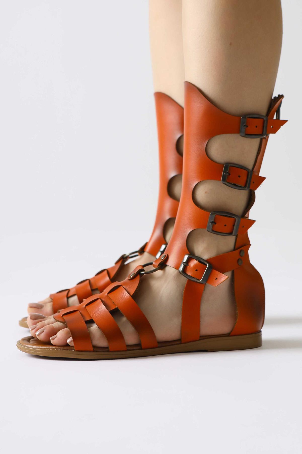 Genuine Leather Baisa Orange Flat Sandals with Buckle Detail
