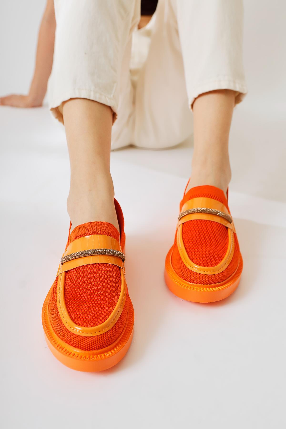 Micka Orange Knitted Patent Leather Detailed Stone Banded Casual Shoes
