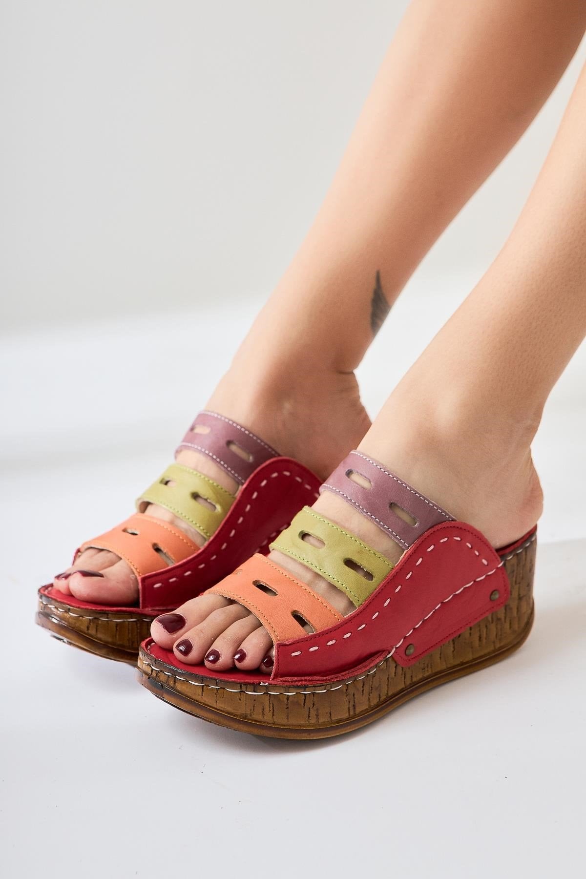 Genuine Leather Etta Red Orange Green Purple Laser Cut Slippers (Full Orthopedic Slippers)