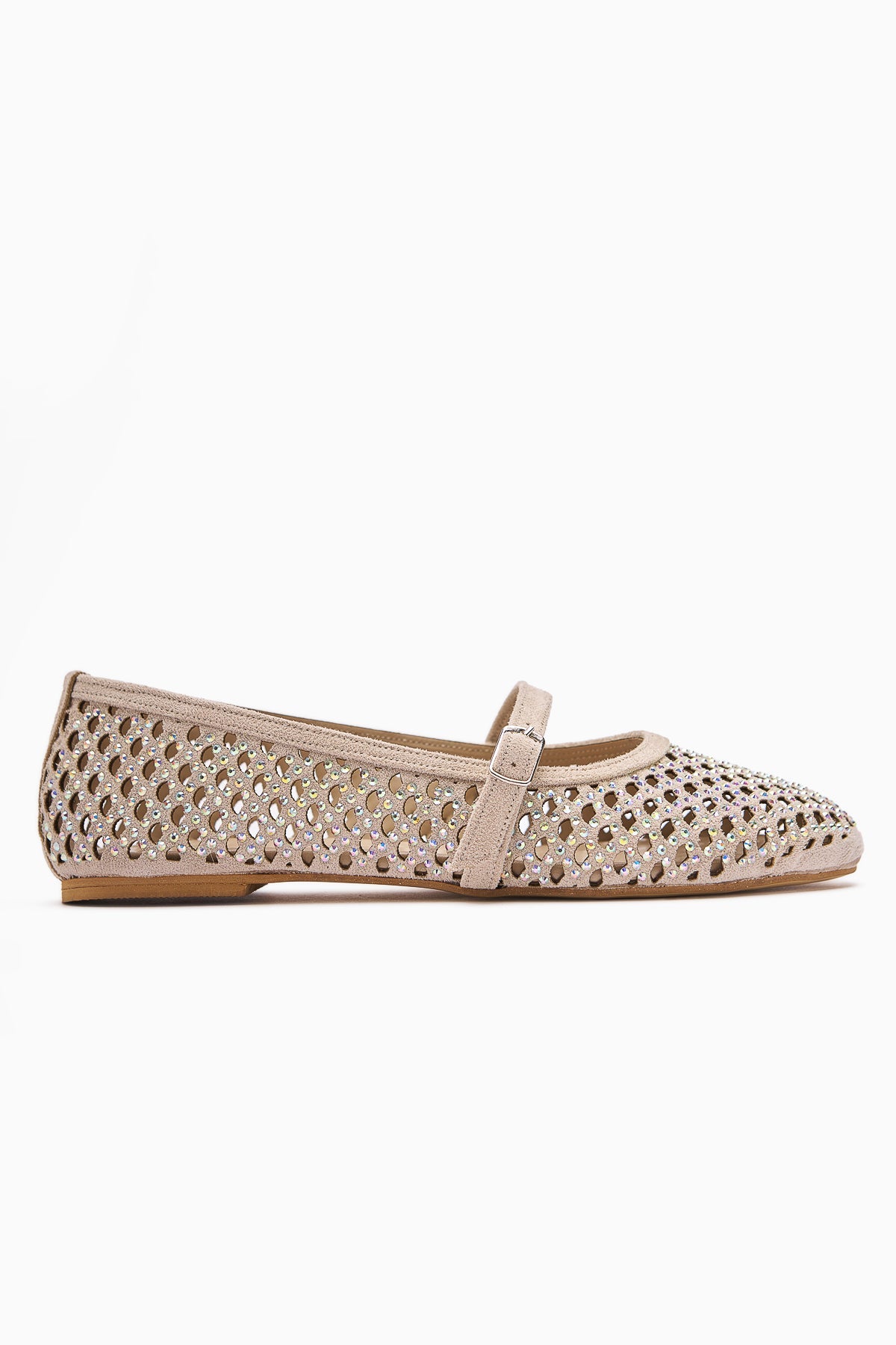Nicole – Nude Suede Oval-Toe Perforated Stone-Detail Single-Strap Casual Shoe (Women)