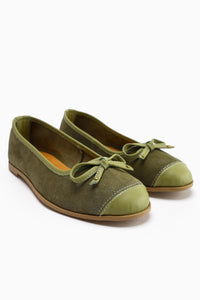 Genuine Leather Alfreda Khaki Suede Leather Detailed Bow Women's Ballerinas