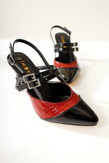 Tisha Black Burgundy Crocodile Detailed Double Buckle Pointed Toe Heeled Sandals