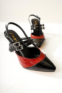 Tisha Black Burgundy Crocodile Detailed Double Buckle Pointed Toe Heeled Sandals