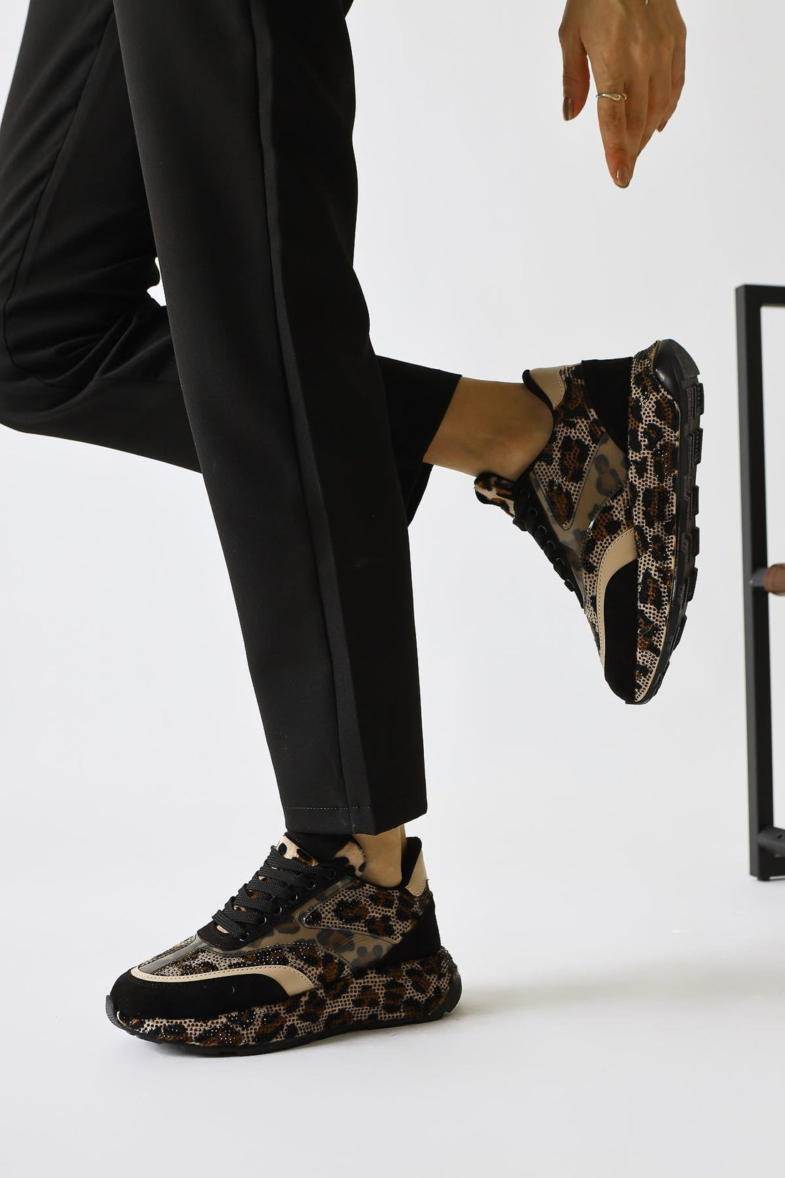 Kada Beige Leopard Patterned Stone Detail Sneakers
