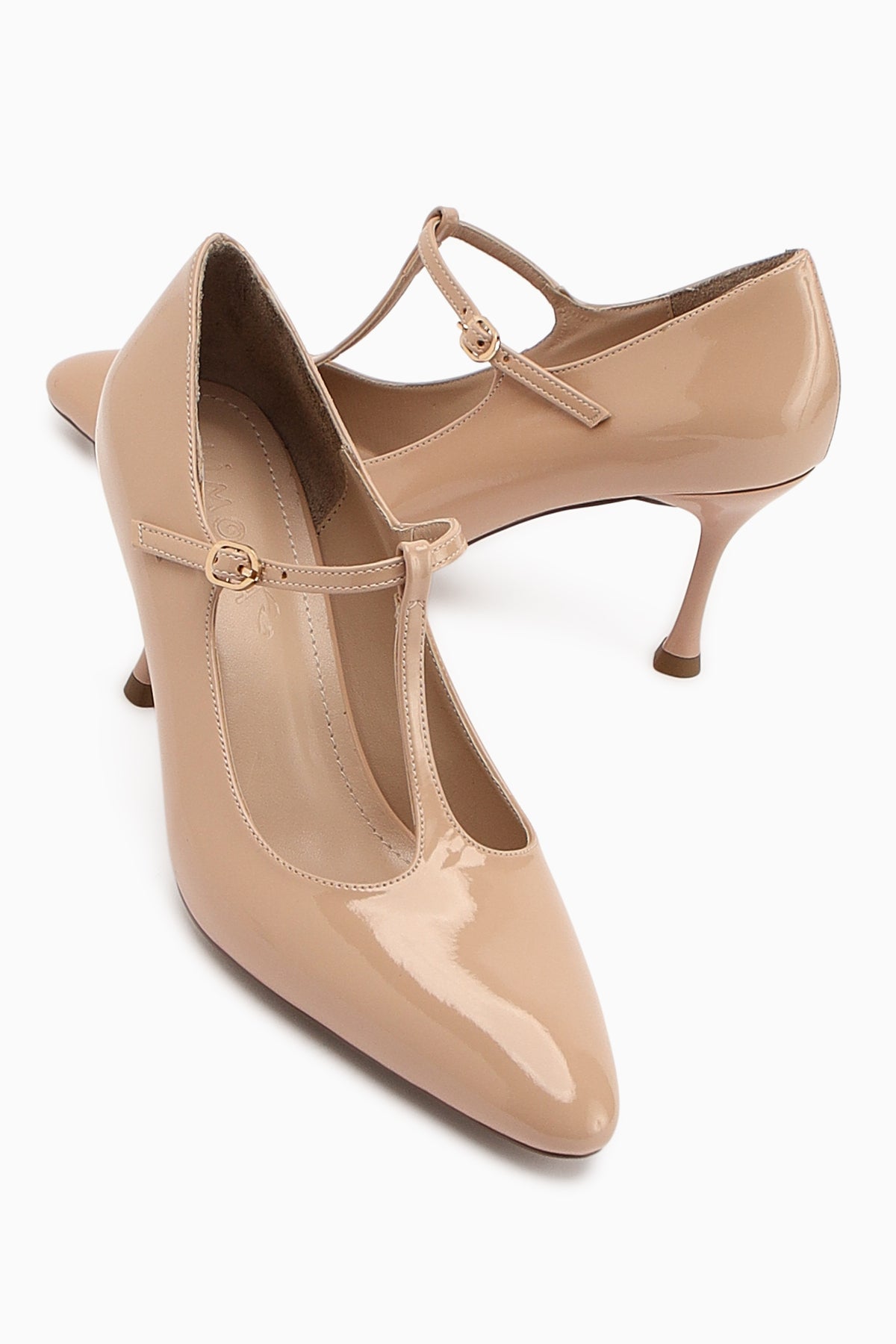 Sania Beige Patent Leather Belted High-Heeled Women's Shoe