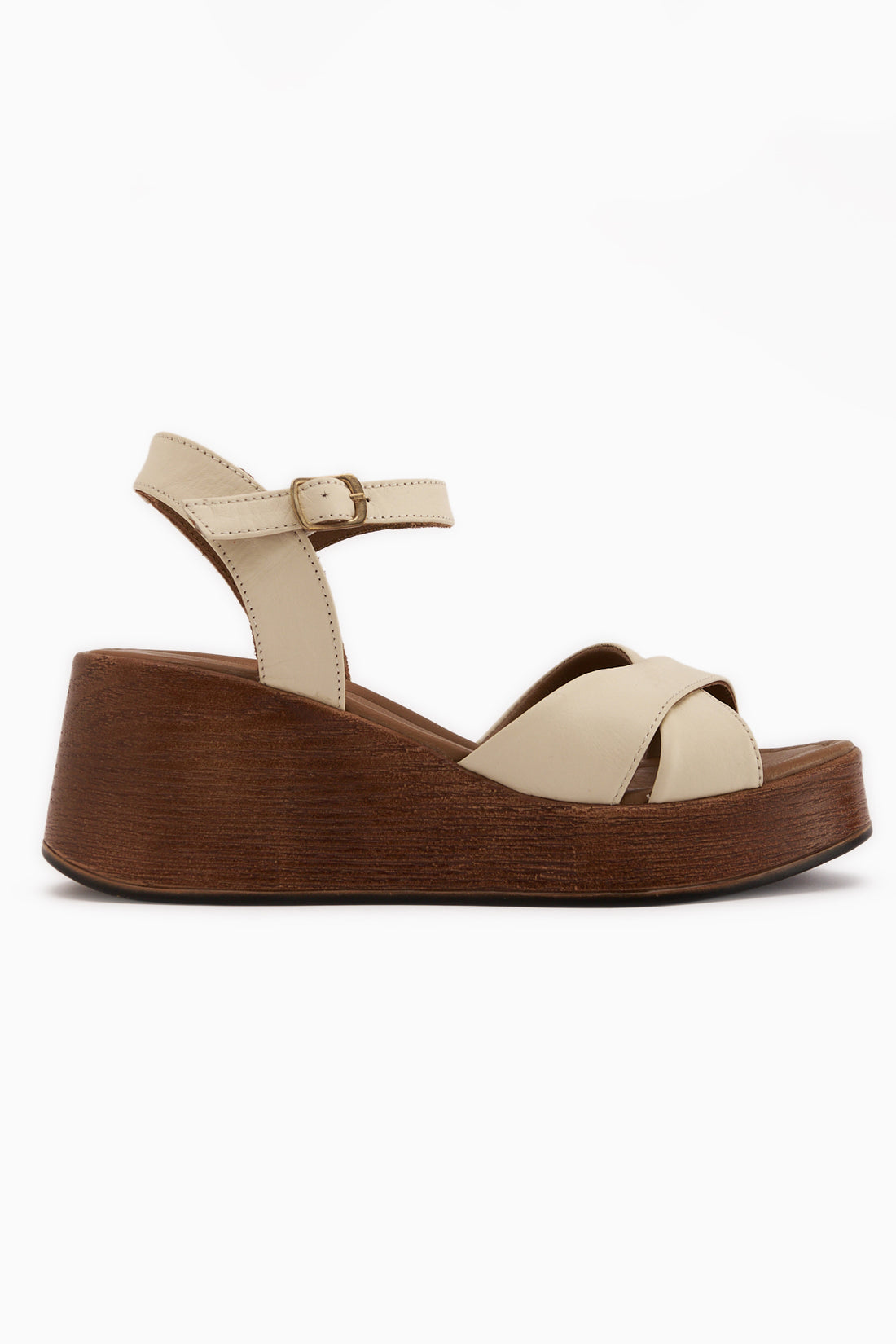 Nooria Echtes Leder Beige Kreuzband Wedge Damen Sandale