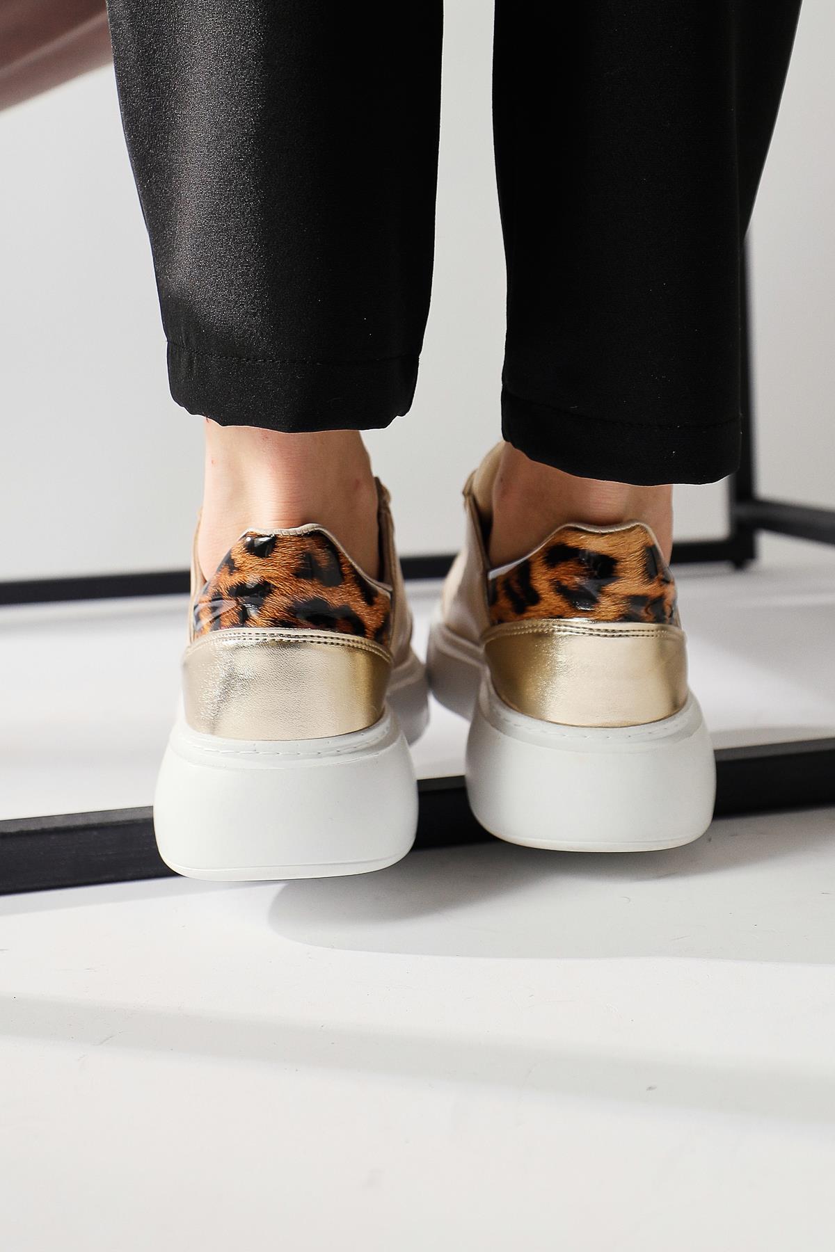 Tinka Cream Thick Soled Leopard Detail Sneakers