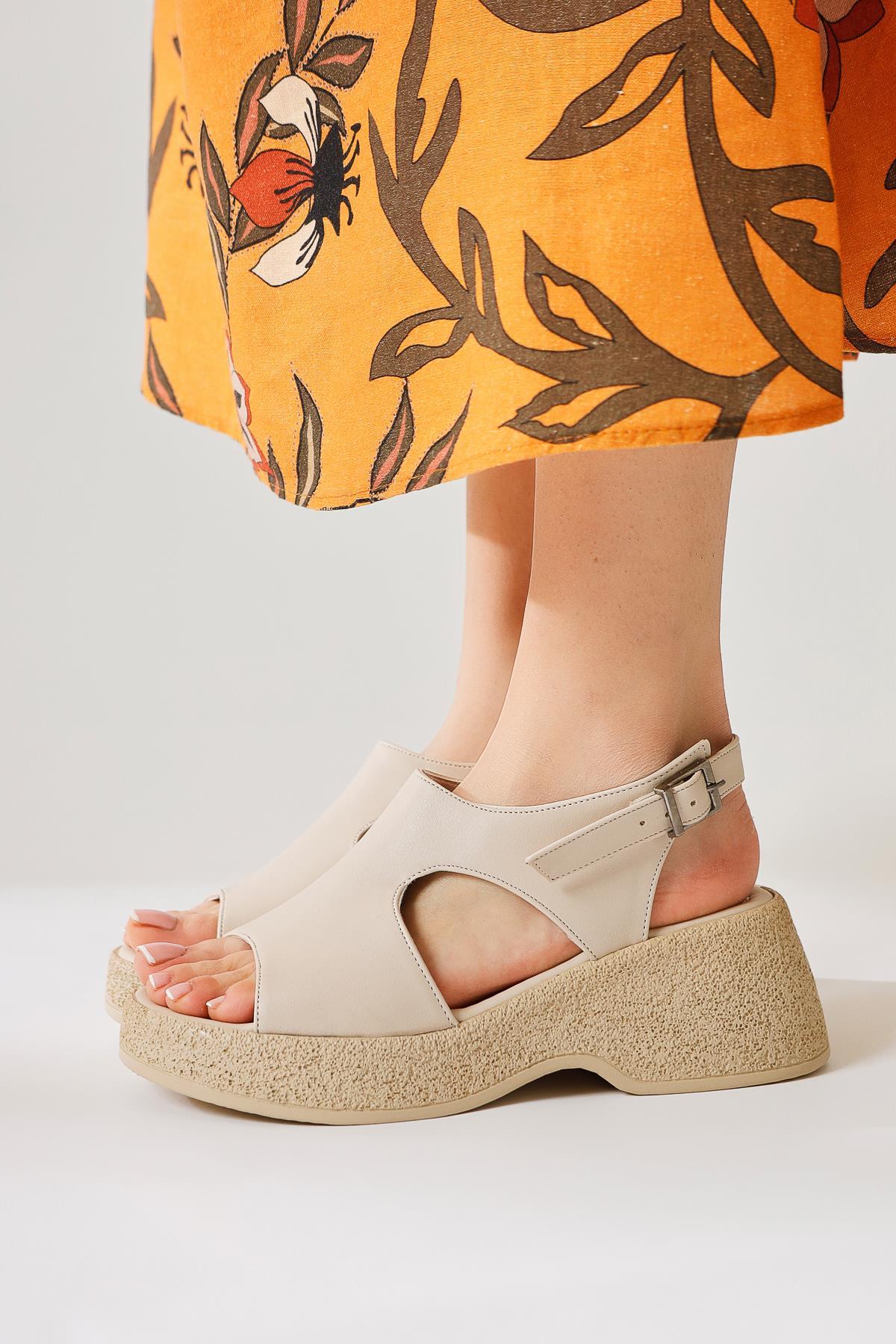Muge Beige Open Toe Strappy Thick Sole Sandals