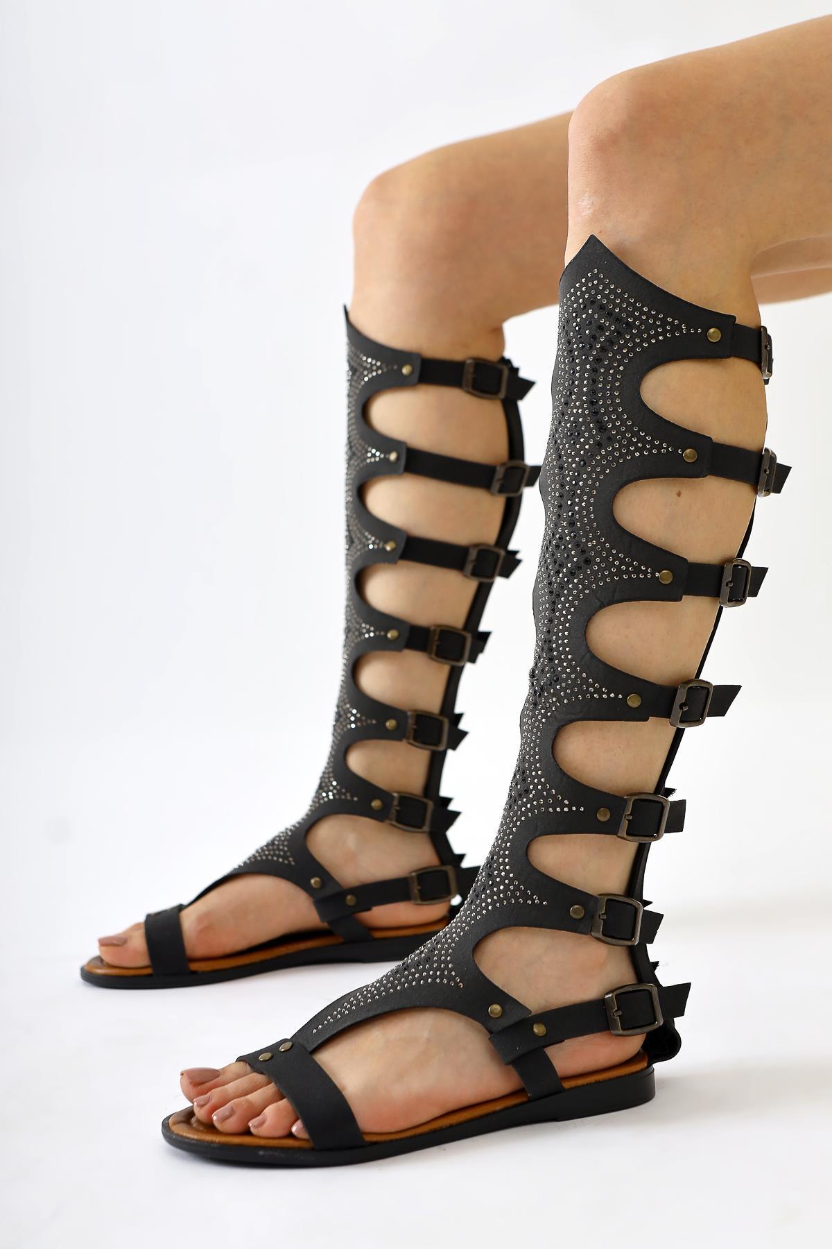 Genuine Leather Medusa Black Stone Detailed Below Knee Gladiator Sandals
