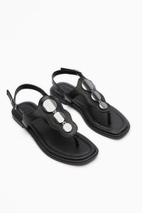 Genuine Leather Rasha Black Buckled Thong Women’s Sandal