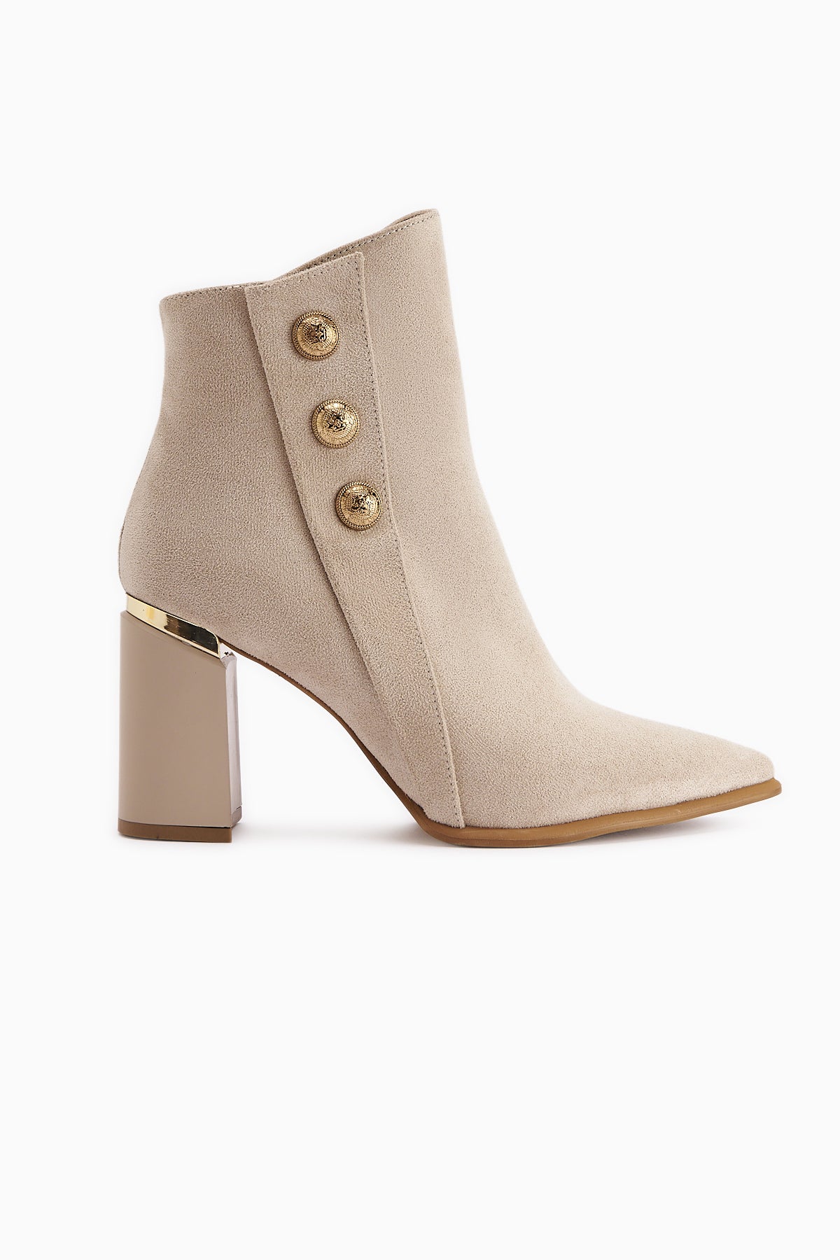 Mayvi Beige Suede Buckle Detailed Heeled Women's Boot