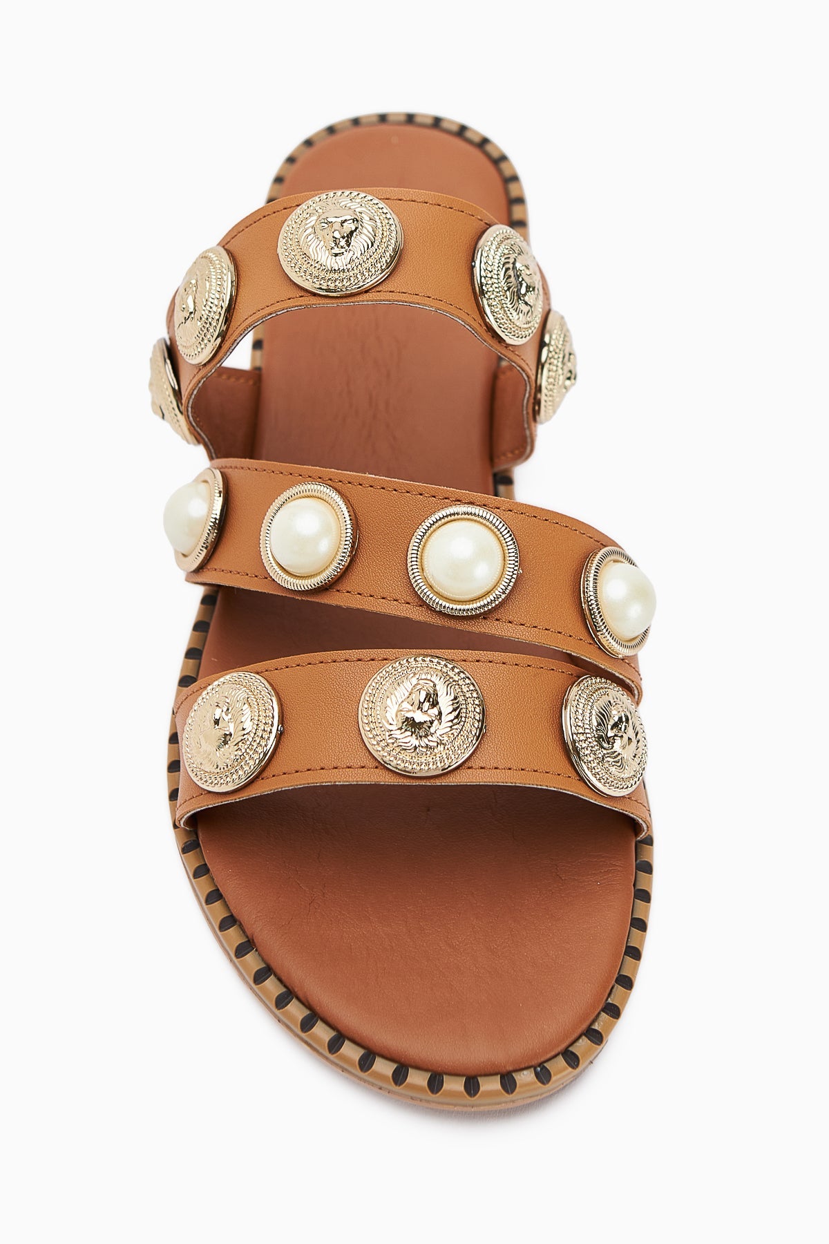 Renaz Tawny Perlenverzierte flache Damenhausschuhe