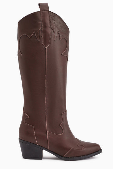 Lara – Braun Echtleder kniehoher Stiefel mit Absatz und Western-Detail (Damen)