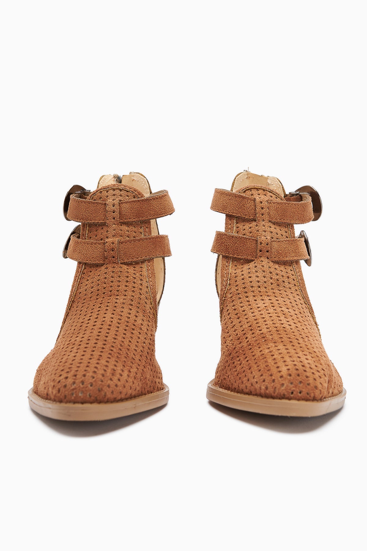 Carin – Cognac Suede Vegan Material Buckle-Detail Back-Zip Summer Boot (Women)
