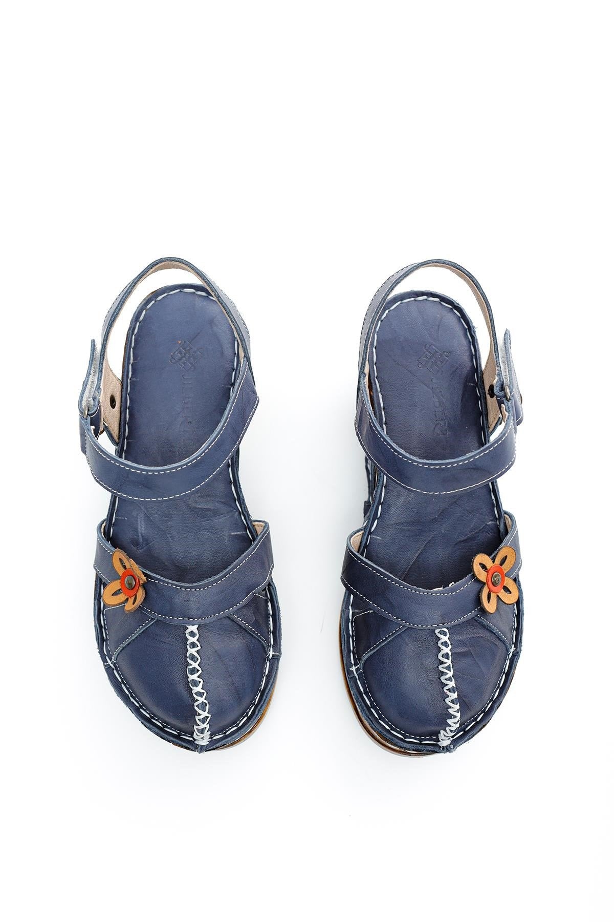 Genuine Leather Katlyn Flower Detail Closed Toe Wedge Sandals