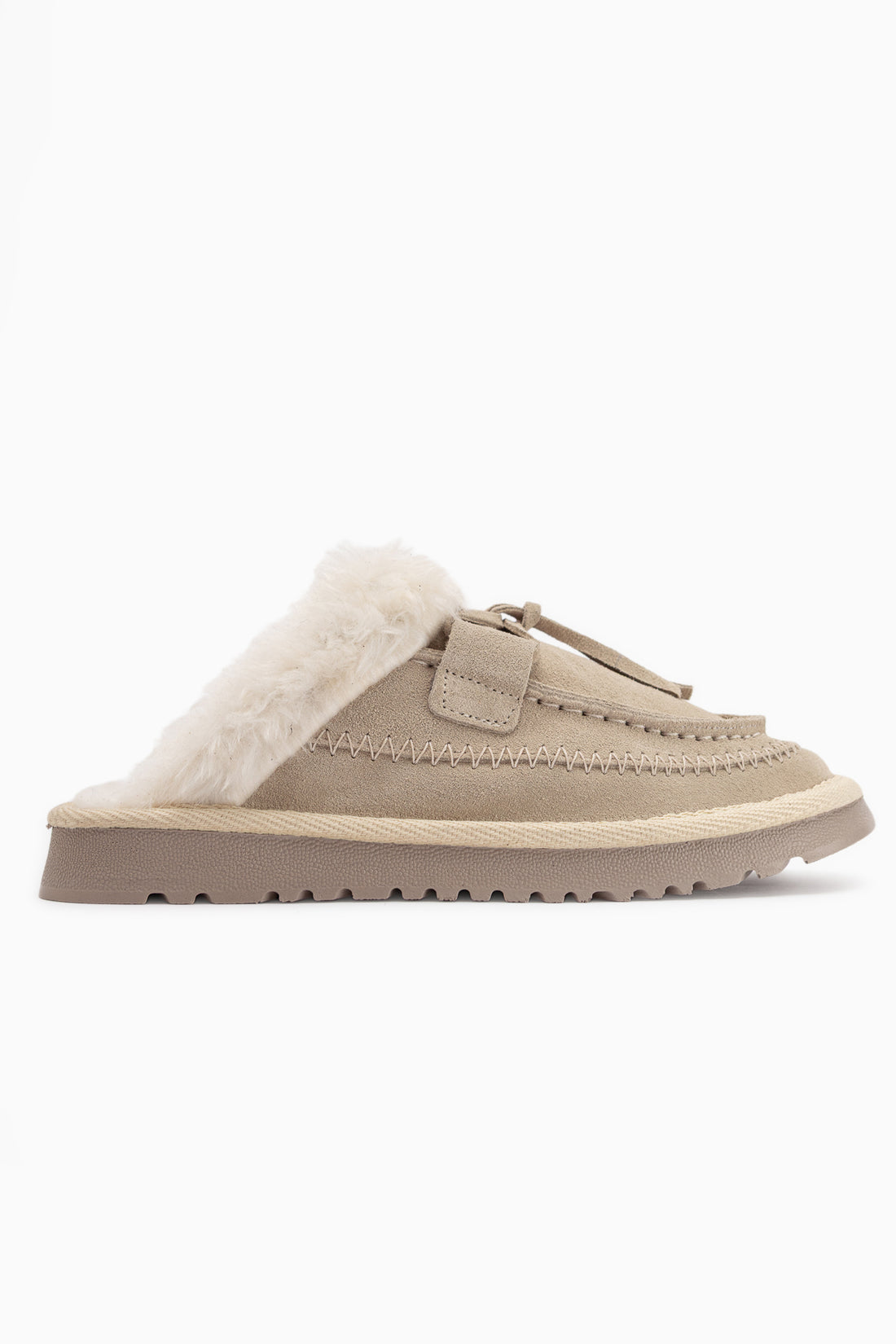 Tisha Echtes Leder Beige Wildleder Fell Detail Damen Pantoletten