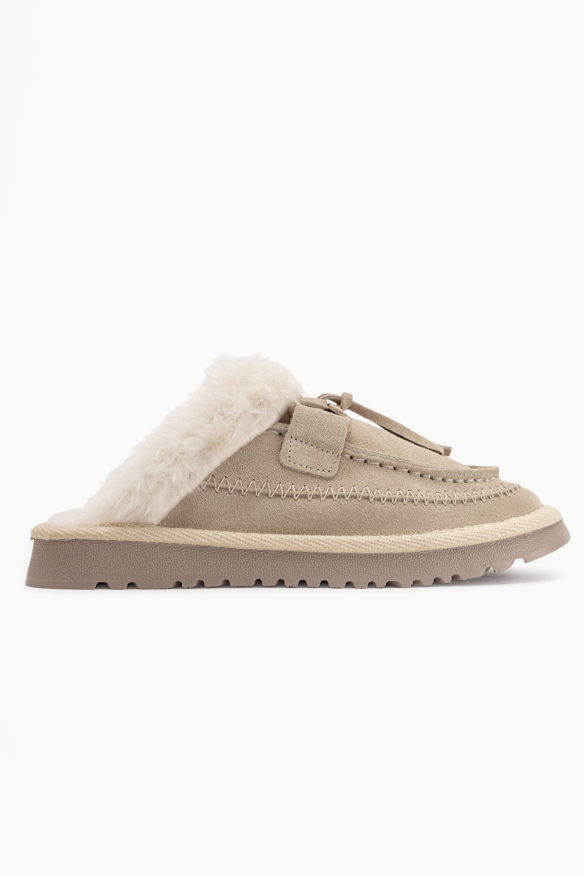 Tisha Echtes Leder Beige Wildleder Fell Detail Damen Pantoletten