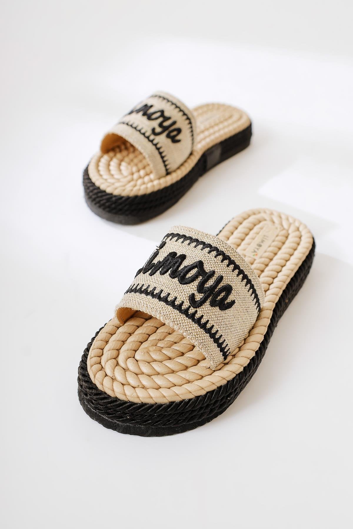 Vasana Schwarze Weiche Texturierte Dicke Sohle Seil Pantoffeln