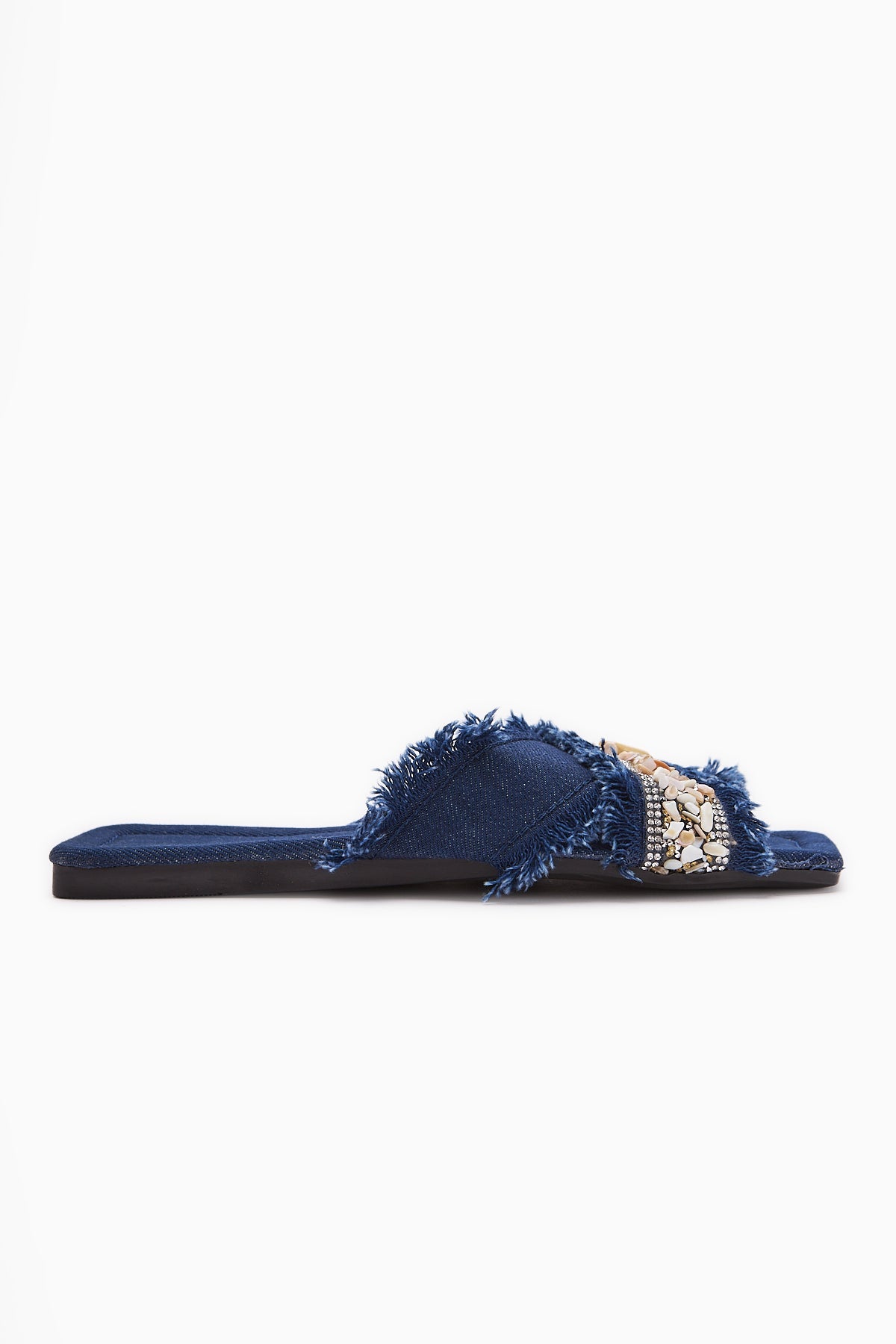 Felisa Navy Stone and Sea Shell Embellished Bohemian Women's Slippers