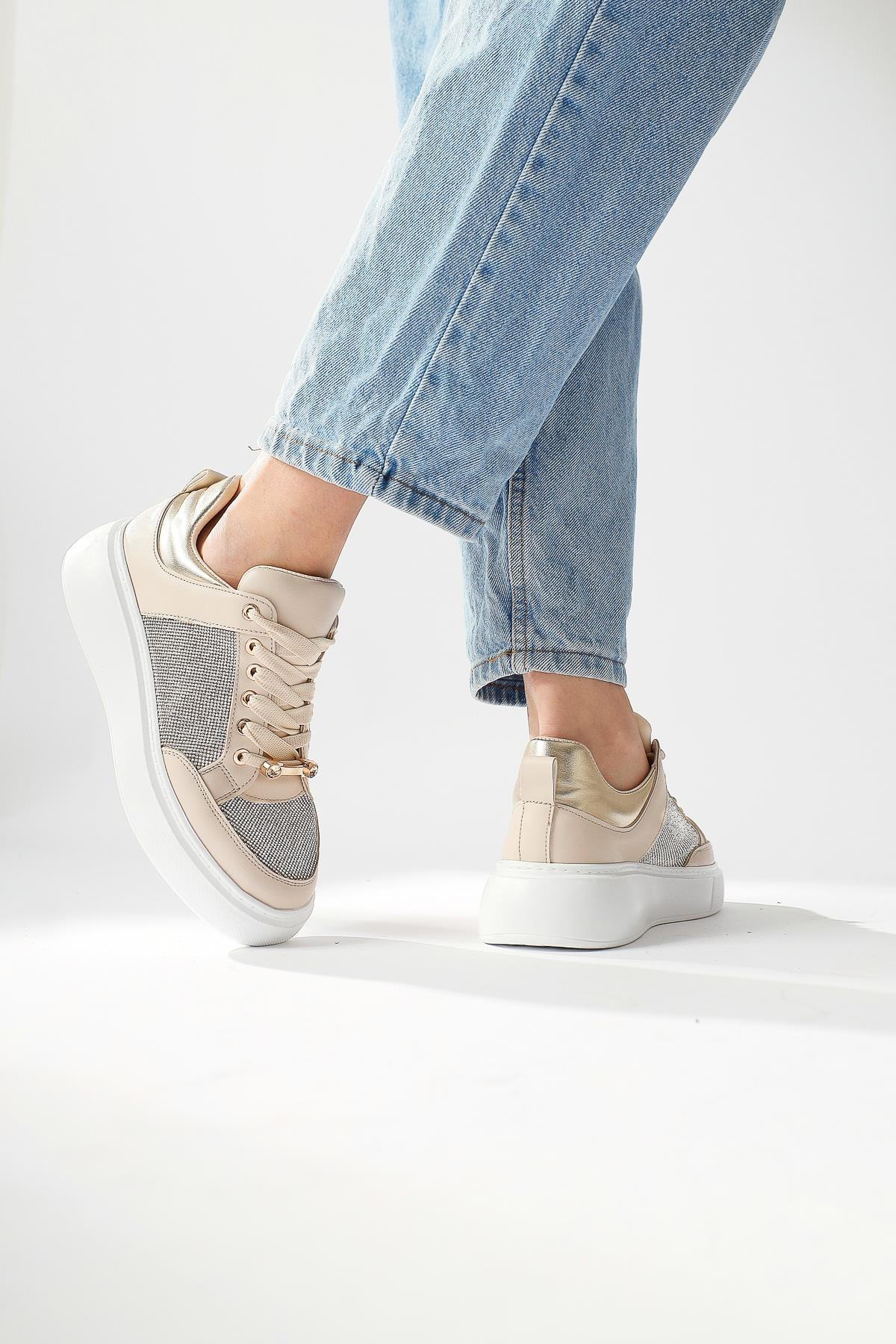 Sonnie Cream Thick Soled Stone Detail Sneakers