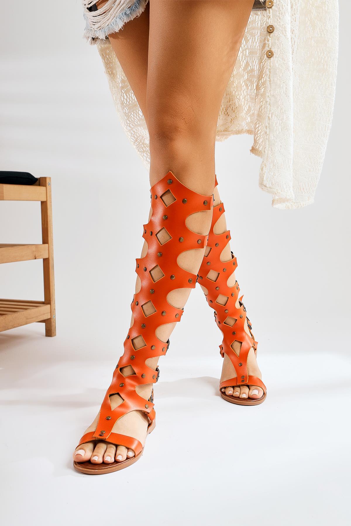 Haixia Genuine Leather Orange Gladiator Sandals